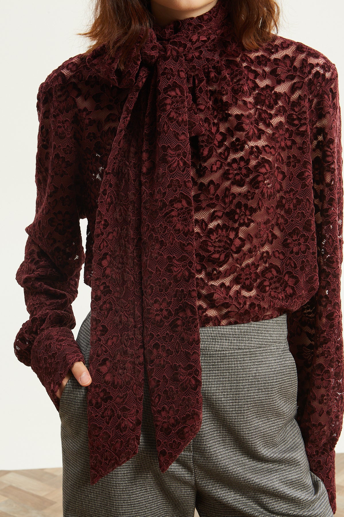 Davina lace tie neck bordeuax top