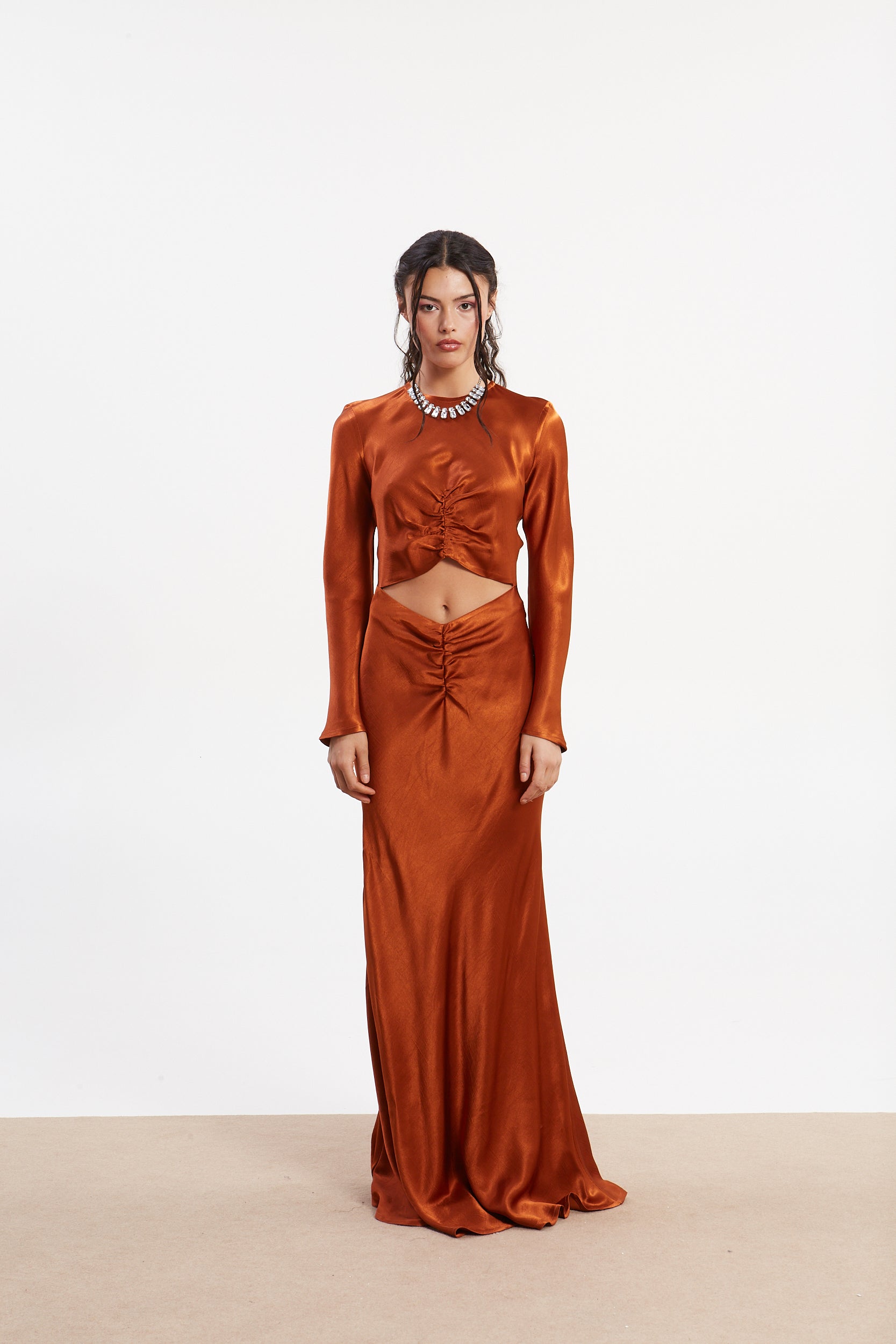 Diana satin cut out rust dress