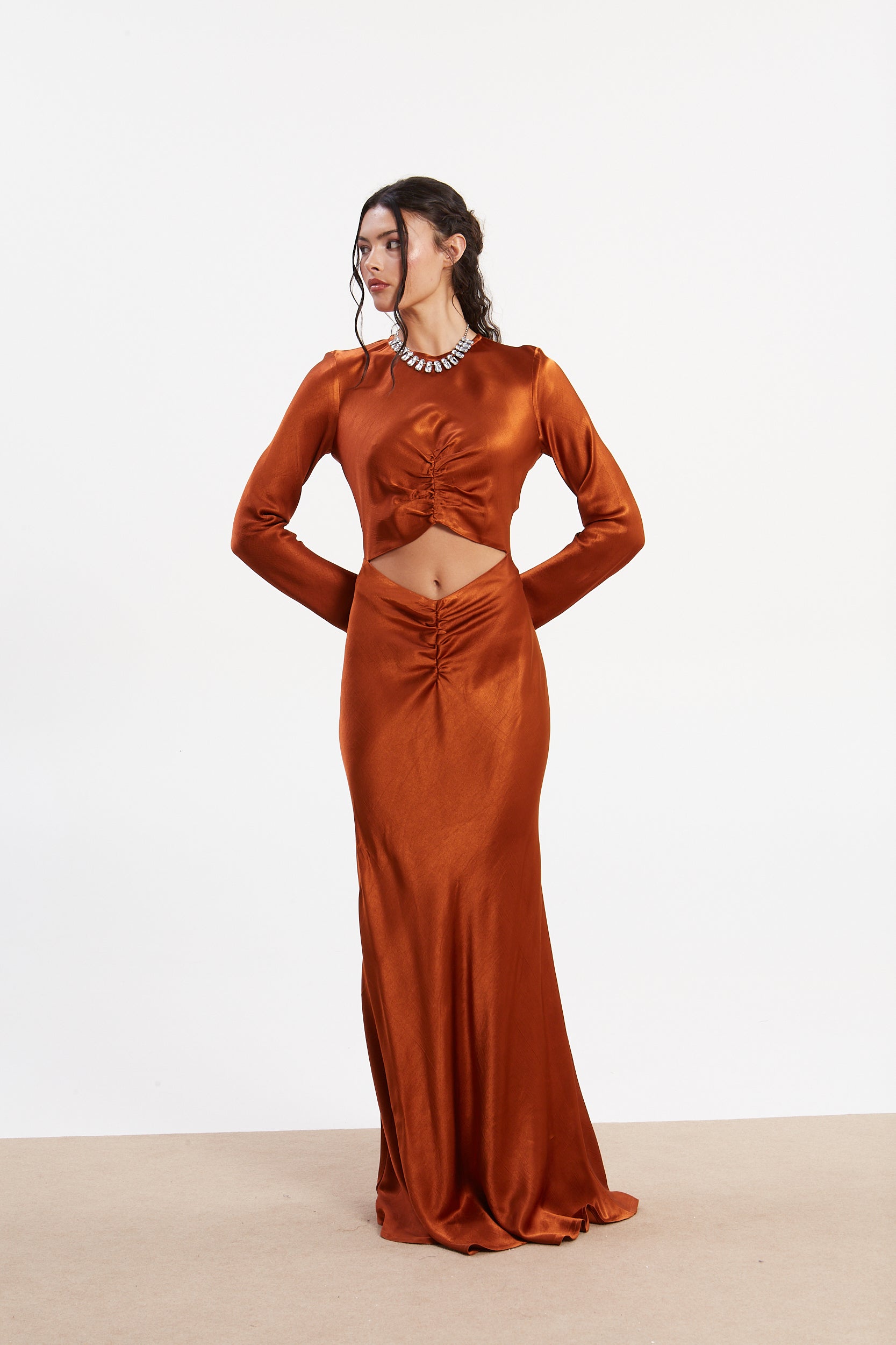 Diana satin cut out rust dress