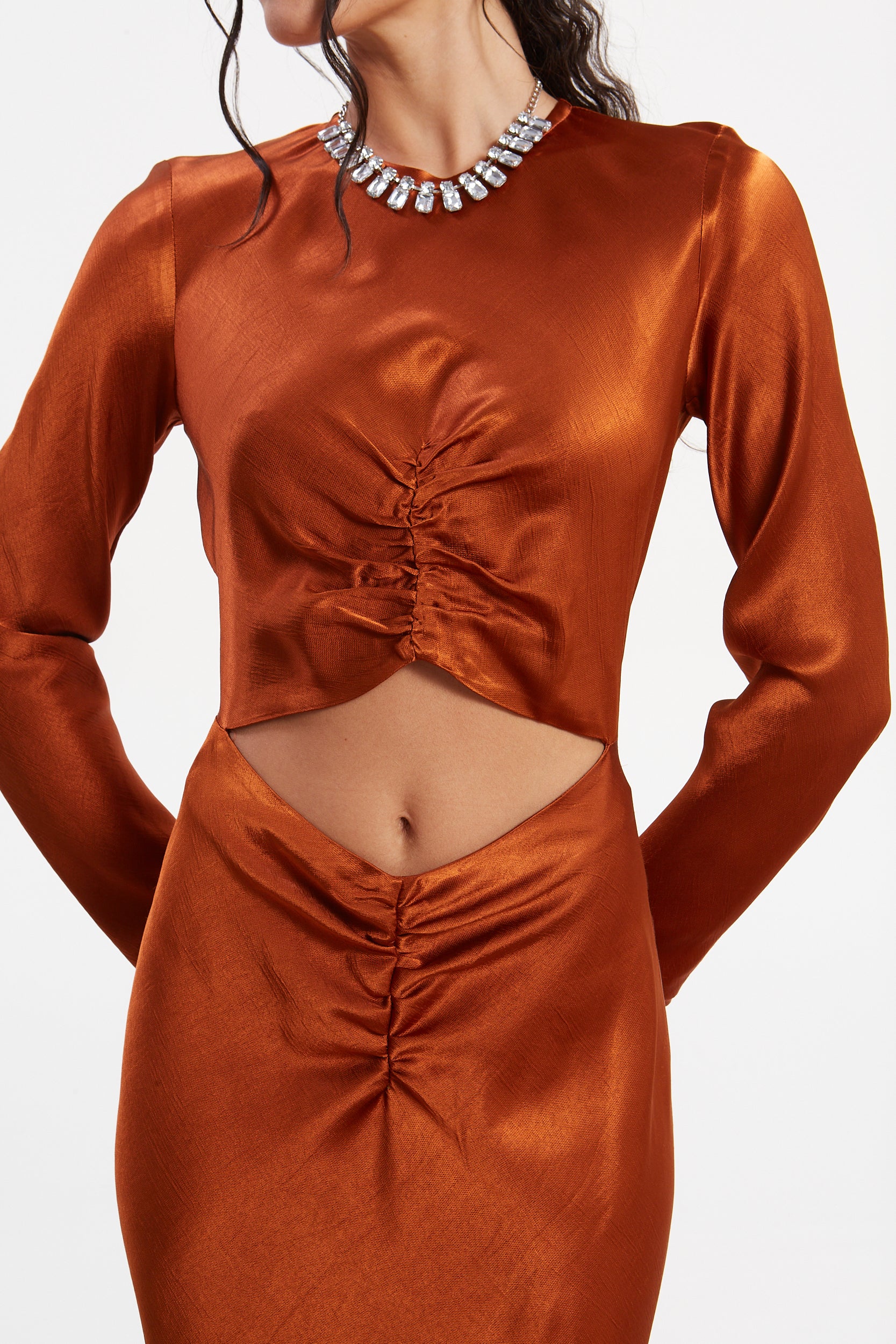 Diana satin cut out rust dress
