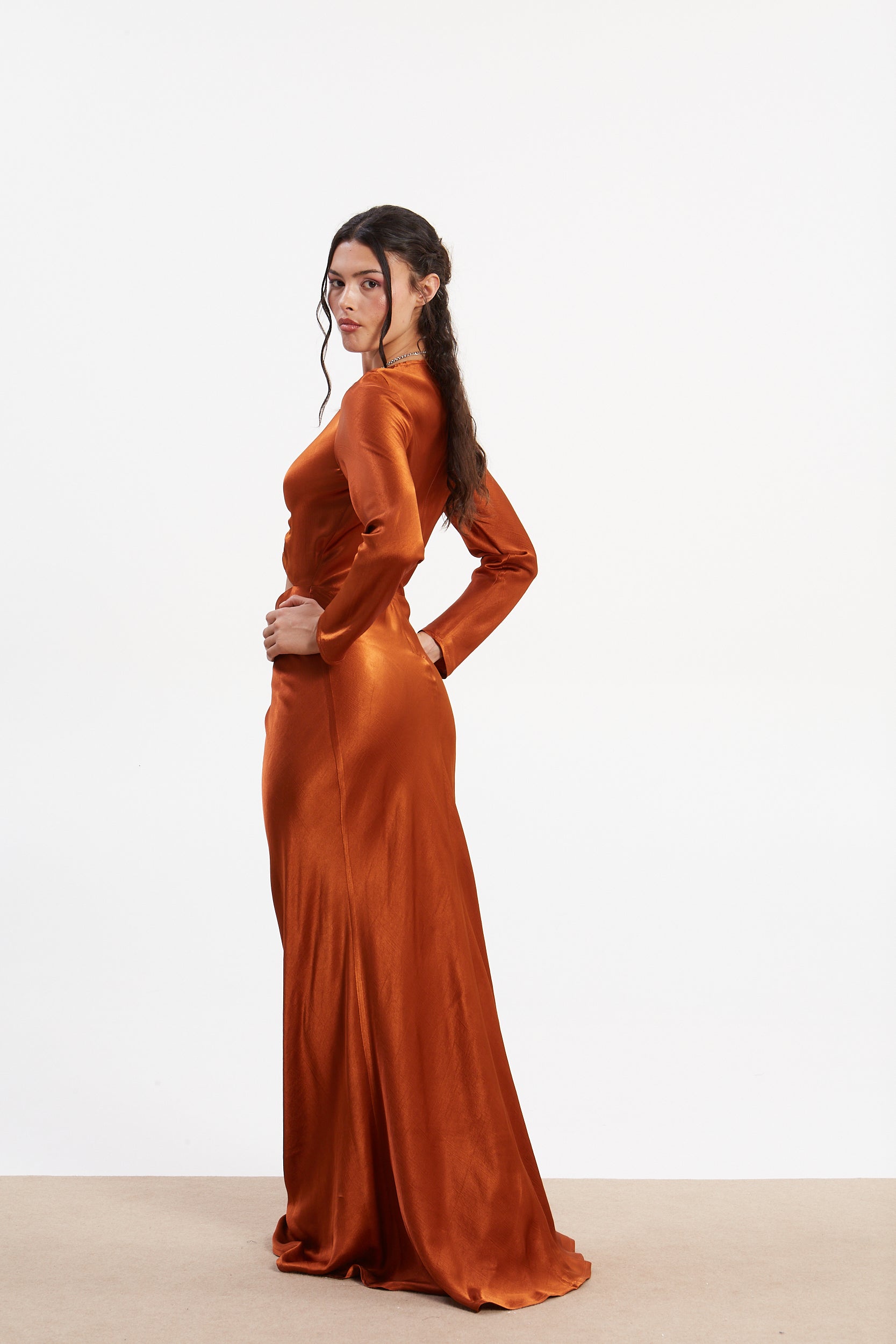 Diana satin cut out rust dress