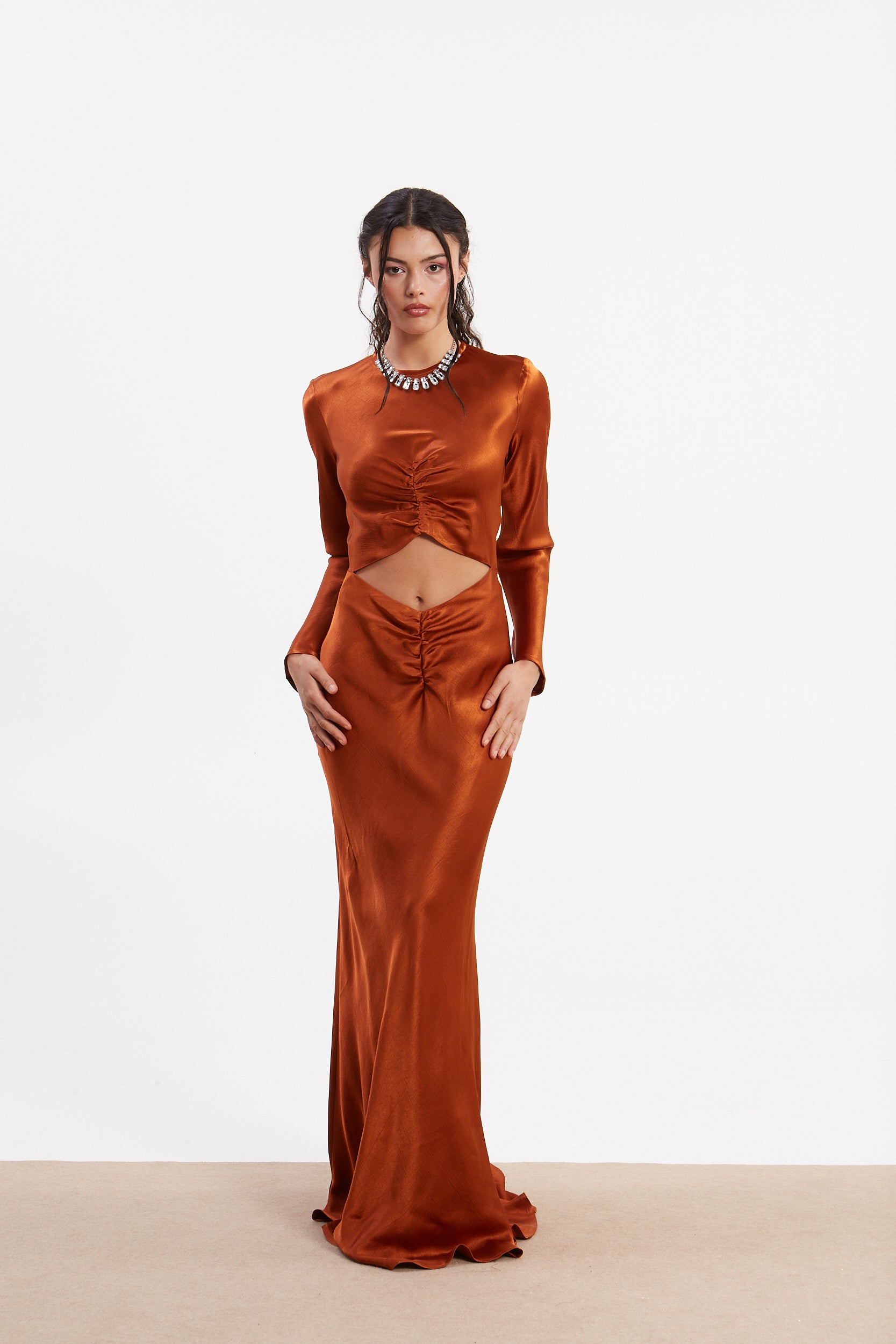 Diana satin cut out rust dress