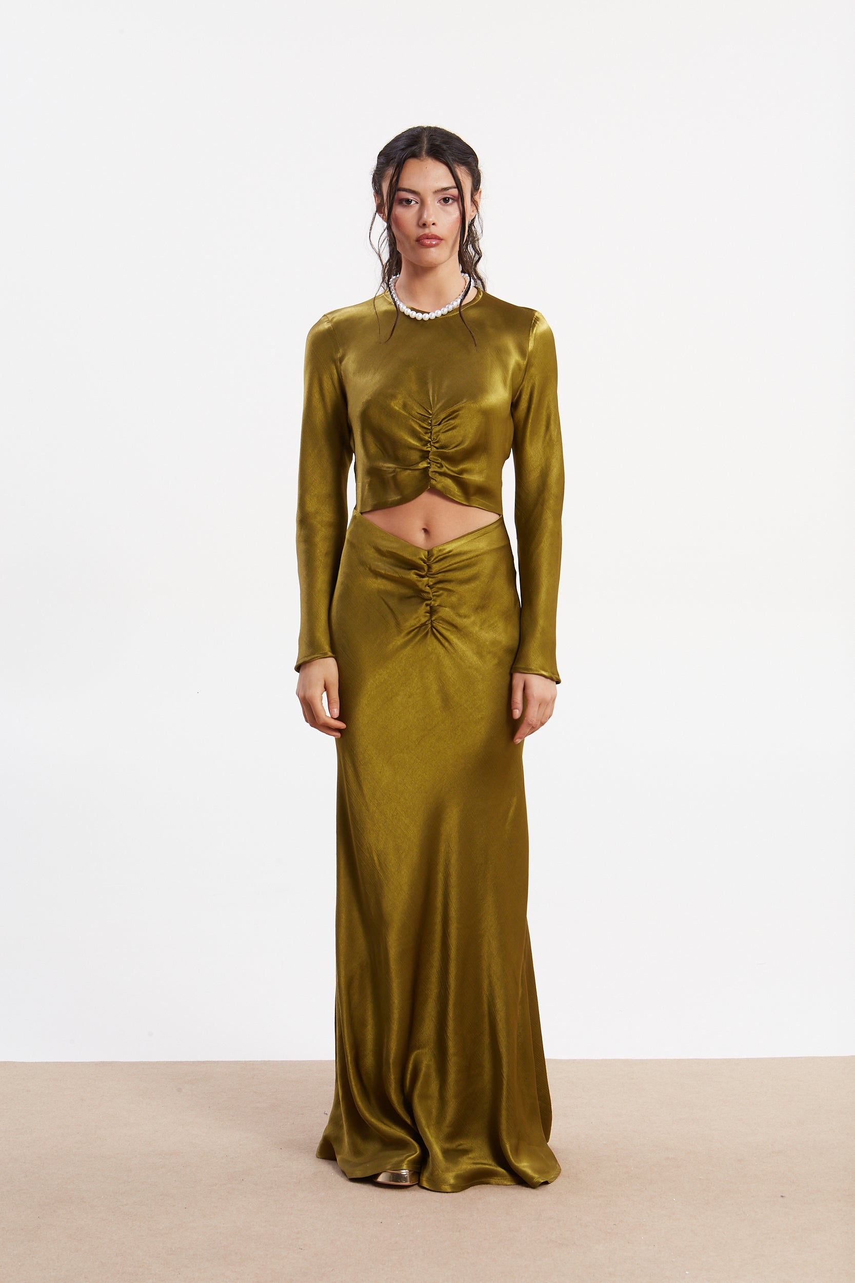 Diana satin cut out olive dress