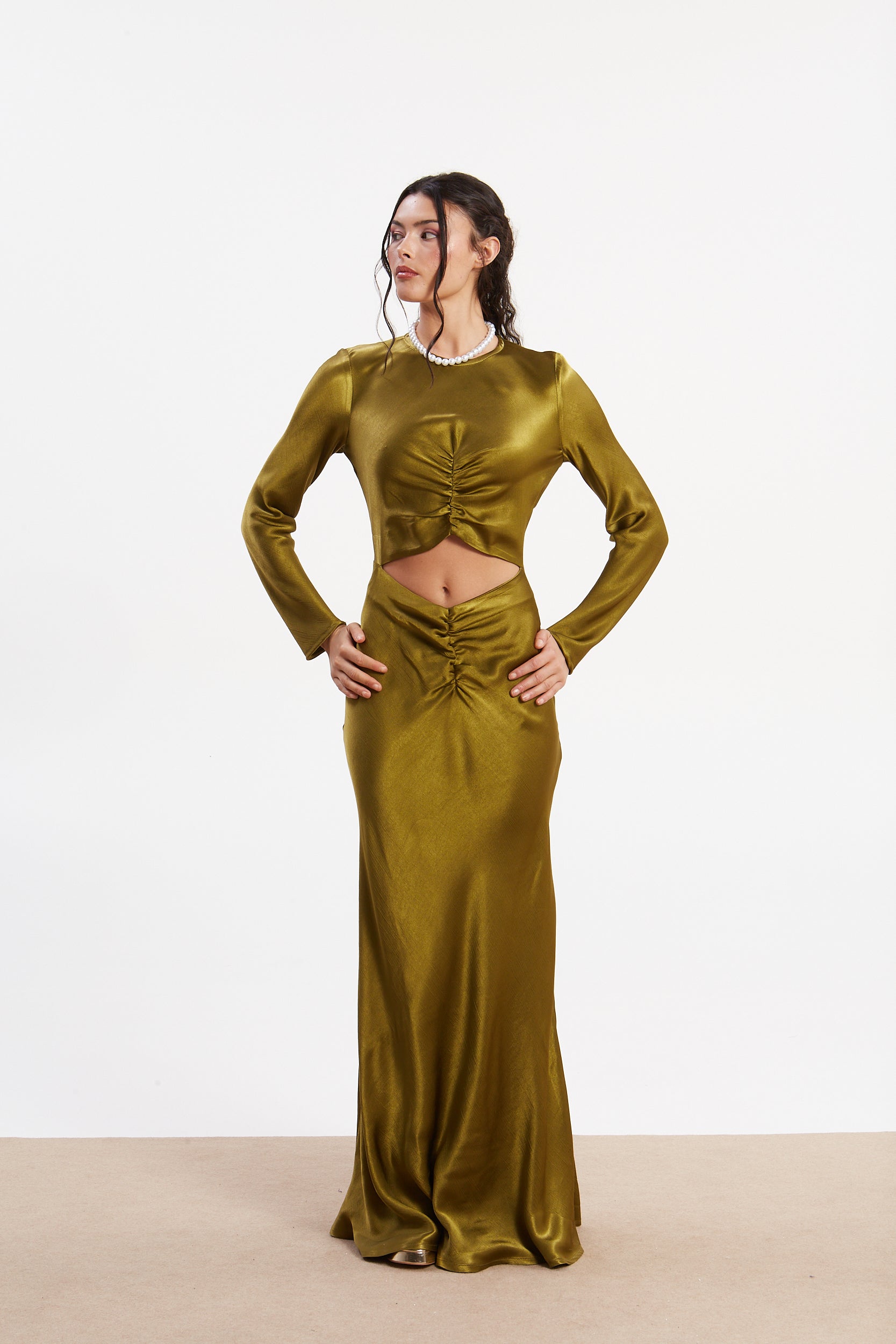 Diana satin cut out olive dress