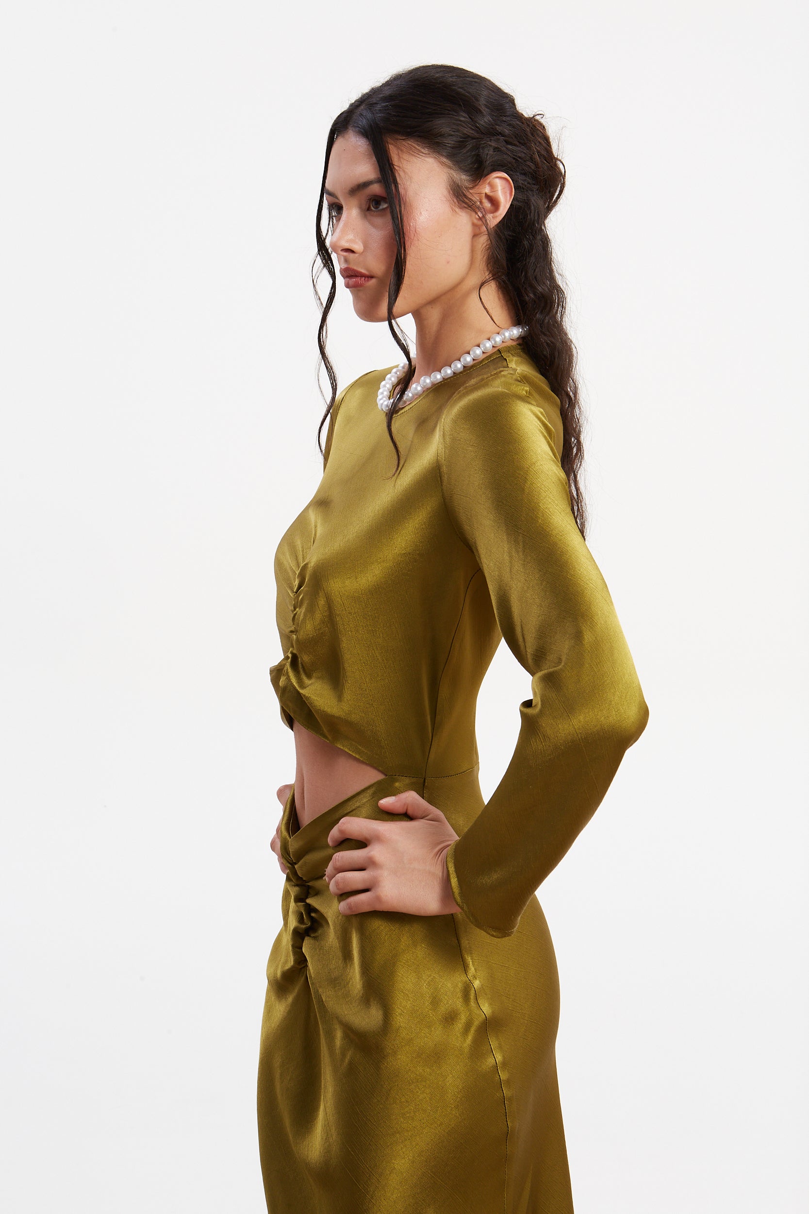 Diana satin cut out olive dress
