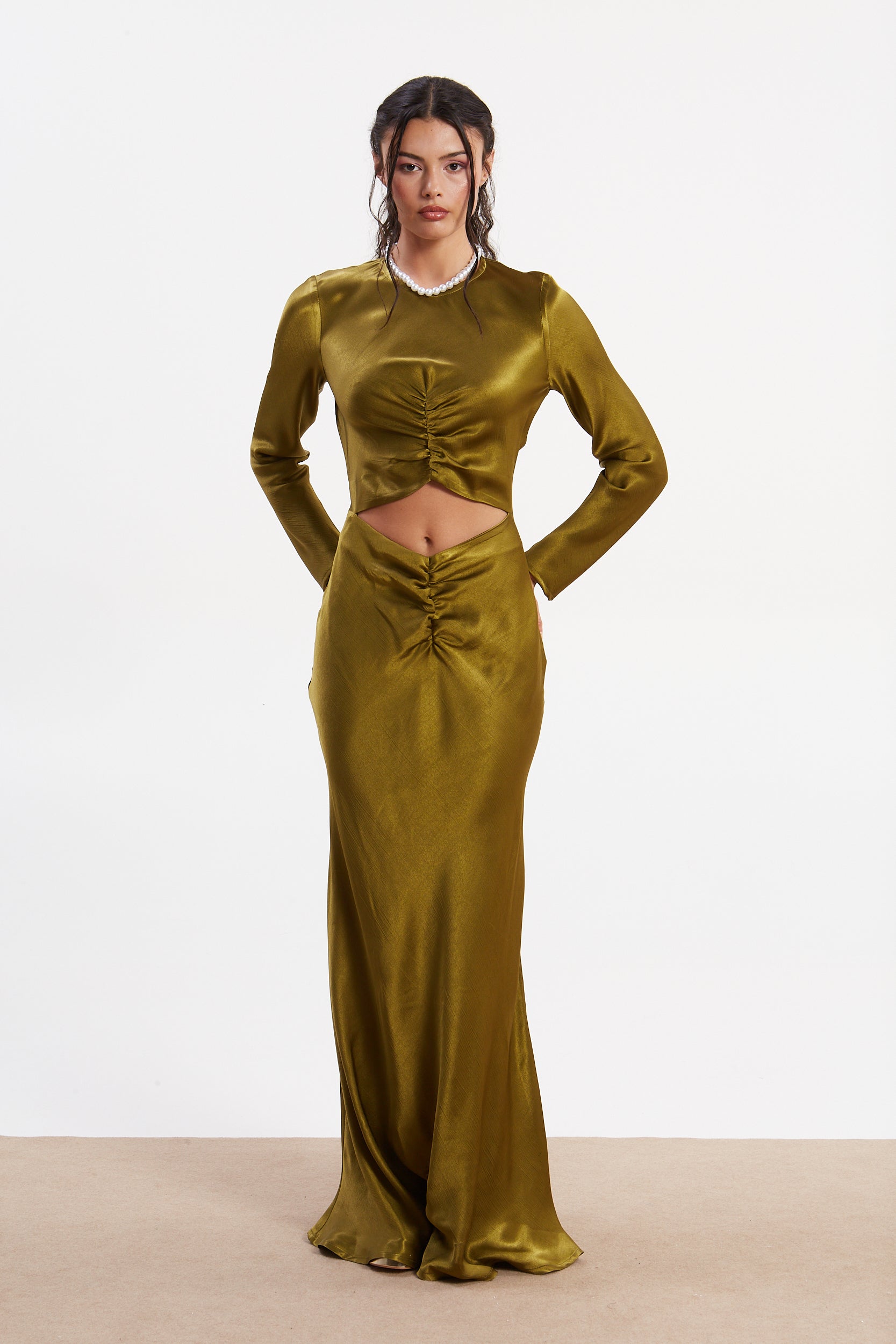 Diana satin cut out olive dress