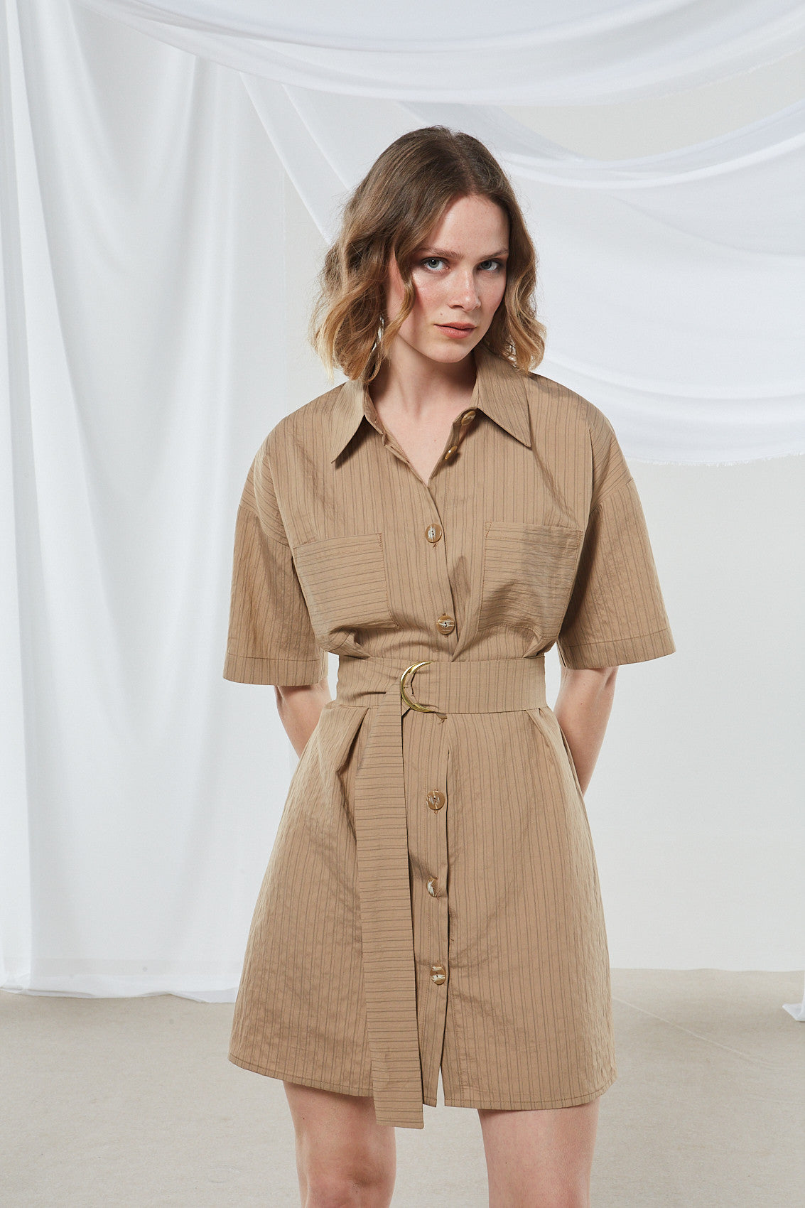 Renata stripe mini camel shirtdress