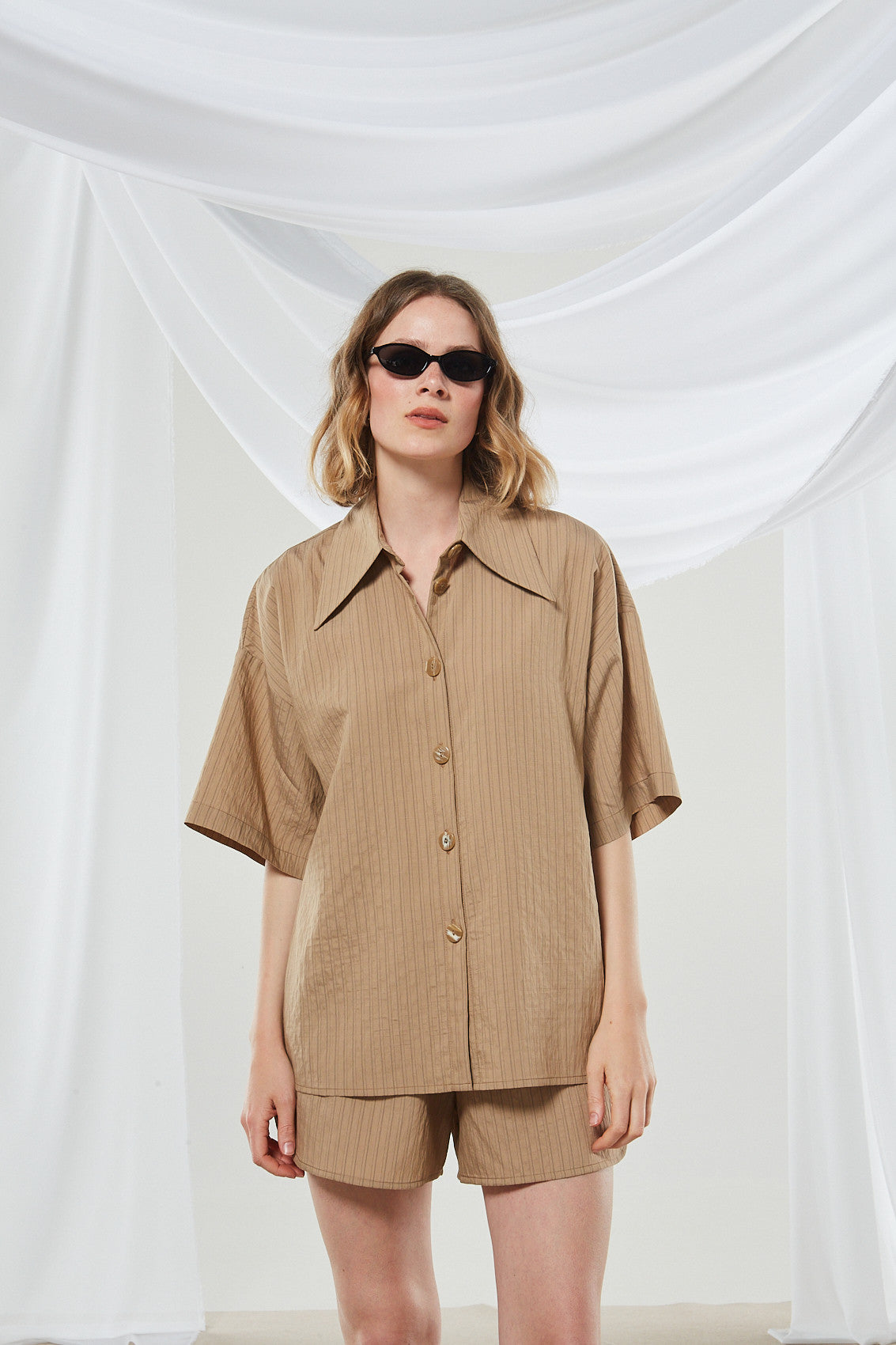 Renata stripe camel shirt