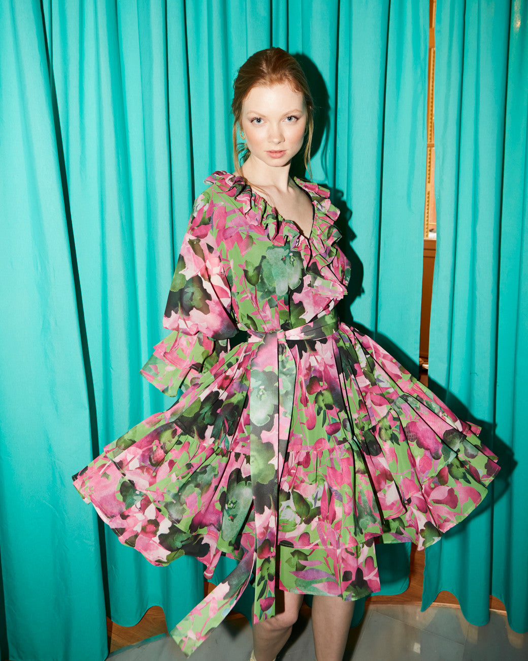Gloria wide ruffle printed dress