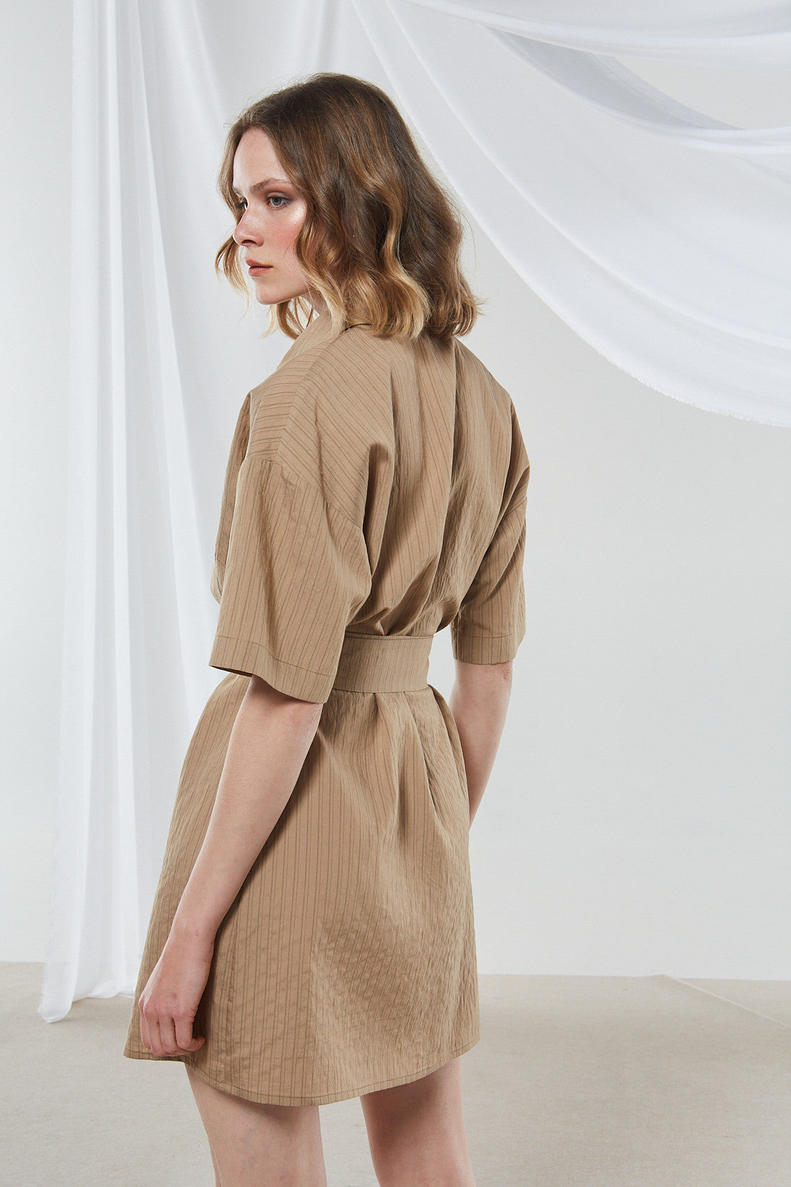 Renata stripe mini camel shirtdress