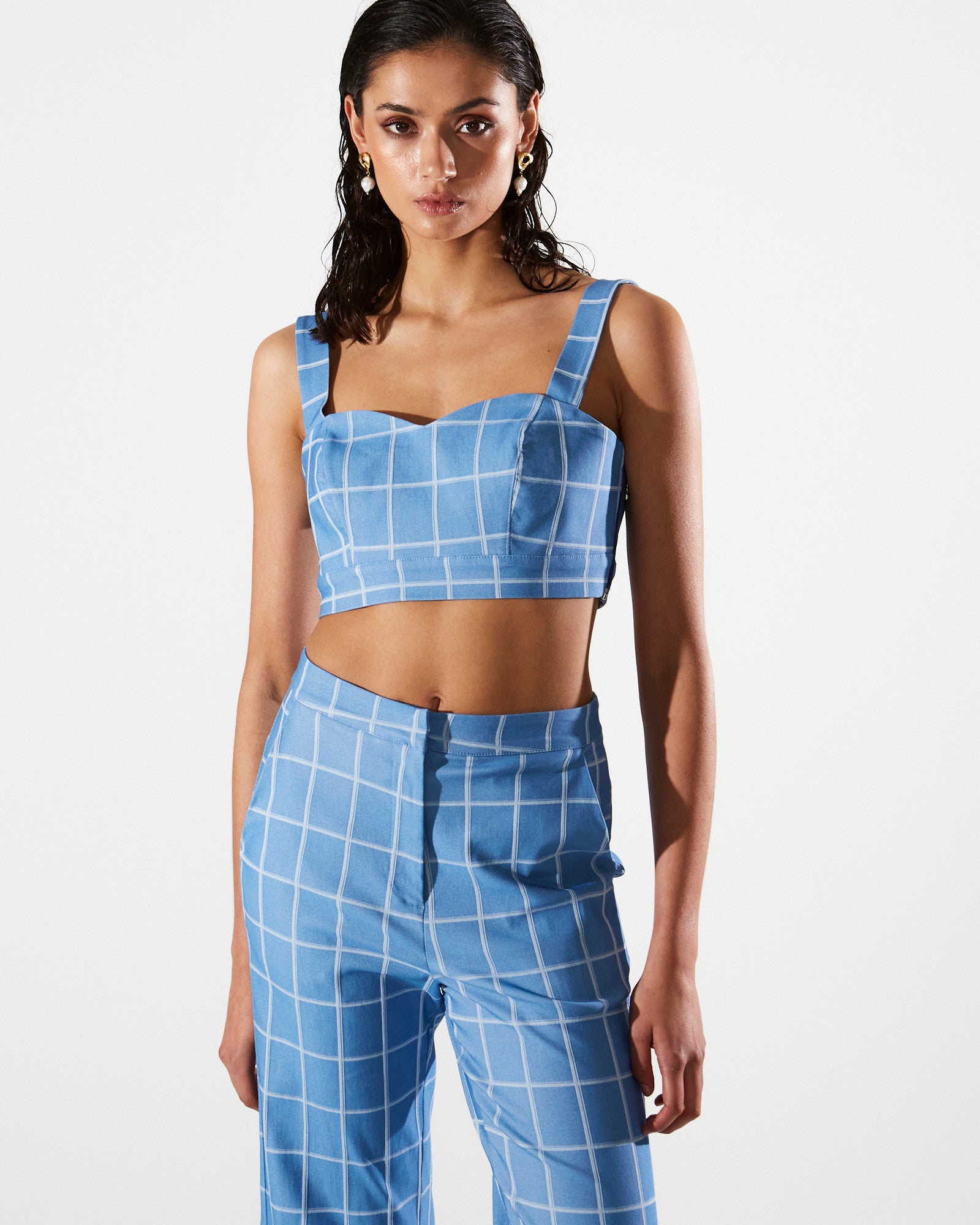 Philippa denim plaid bustier top