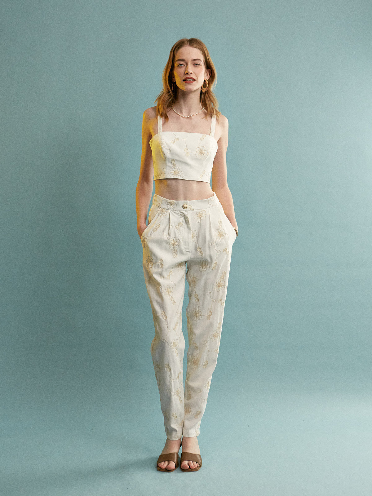Grace embroidered ecru pants