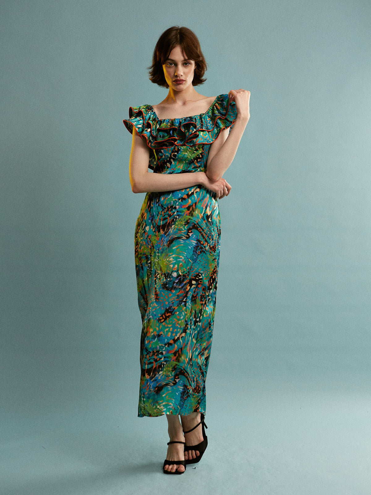 Linda leopard satin ruffle dress